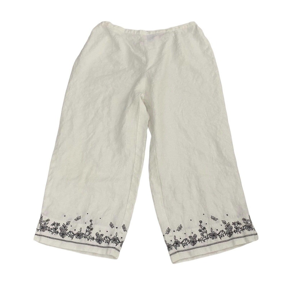 MAGGIE McNaughton Woman's White Linen Crop /Capri Pants Floral Embroidery 1X